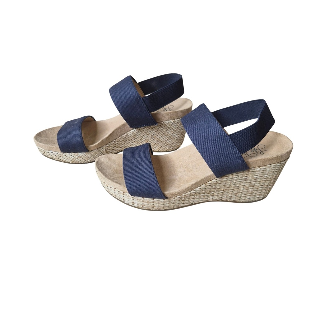 LifeStride Soft System Navy Blue Elastic Strap Espadrille Wedge Sandals Womens 7